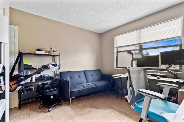 tiled office with a textured ceiling