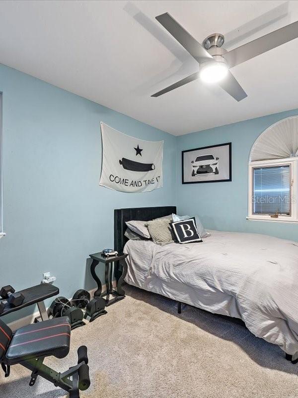 bedroom featuring carpet floors and a ceiling fan