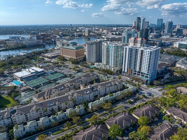 bird's eye view featuring a water view and a city view