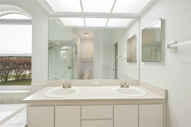 full bathroom featuring a sink, a shower stall, toilet, and double vanity