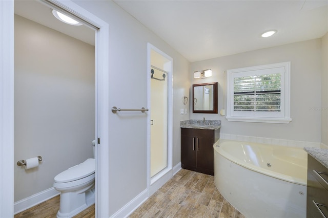 bathroom with toilet, baseboards, wood finished floors, and vanity