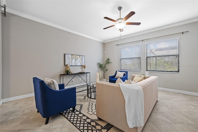 living room featuring light tile patterned floors, baseboards, ornamental molding, and a ceiling fan