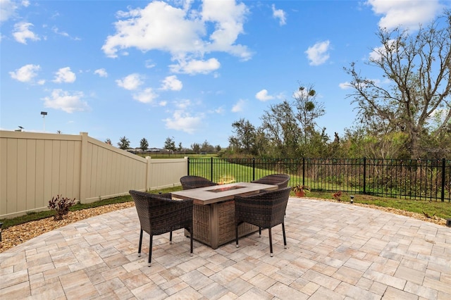 view of patio featuring an outdoor fire pit and a fenced backyard