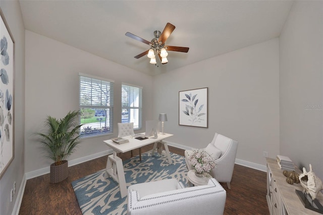 office space with ceiling fan, baseboards, and dark wood-style flooring