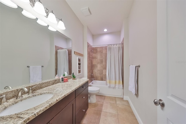 full bath featuring shower / bath combination with curtain, visible vents, toilet, vanity, and tile patterned flooring