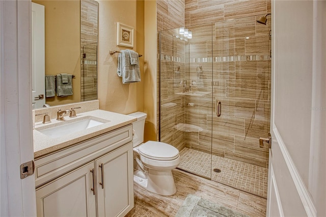 bathroom featuring vanity, a shower stall, and toilet