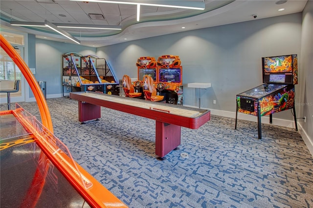 game room with recessed lighting, carpet, and baseboards