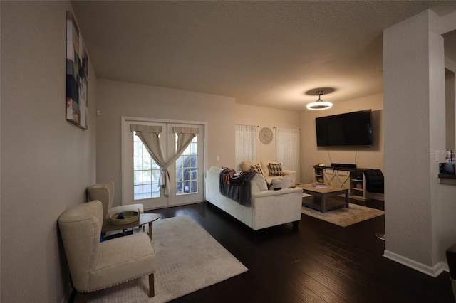 living room featuring dark wood-type flooring