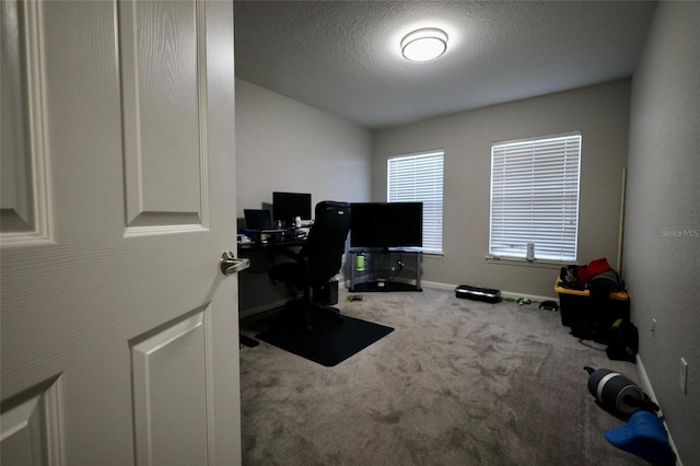 office space featuring carpet, a textured ceiling, and baseboards