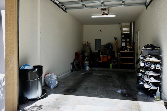 garage with electric panel, water heater, and a garage door opener