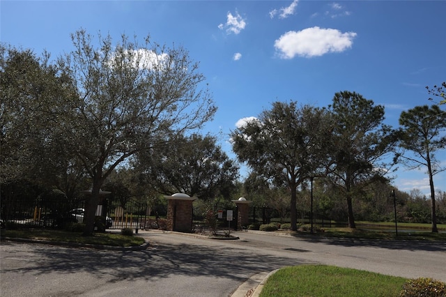 view of street featuring a gate, a gated entry, and curbs