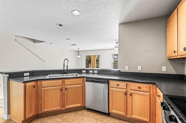 kitchen with light tile patterned floors, range with electric cooktop, a sink, dishwasher, and dark countertops