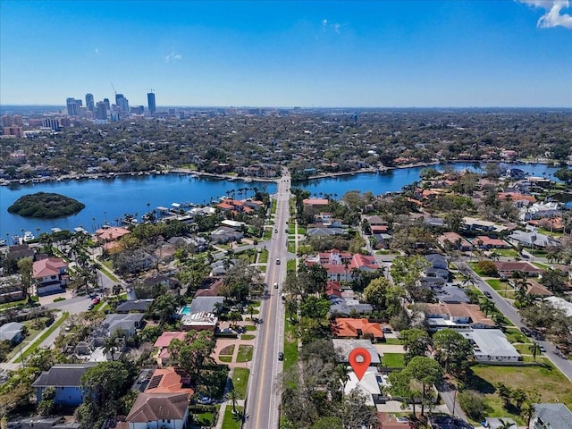 drone / aerial view with a water view