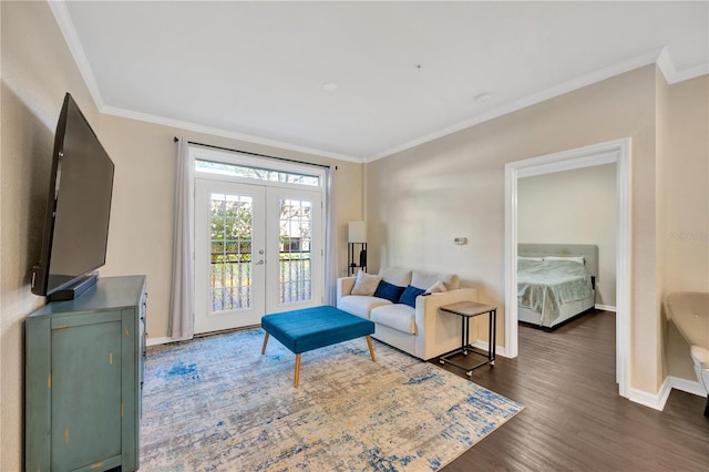 living room featuring ornamental molding, french doors, baseboards, and dark wood-style floors