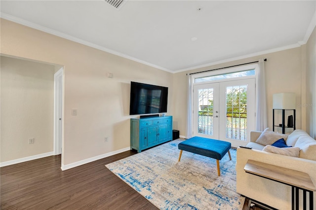 living room with baseboards, visible vents, ornamental molding, dark wood-style flooring, and french doors