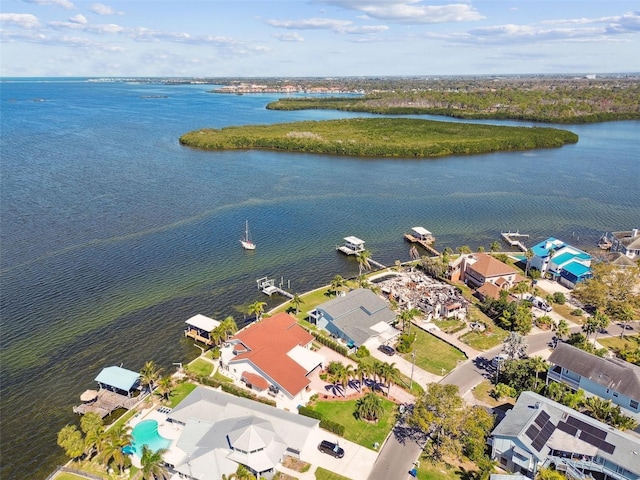 drone / aerial view featuring a water view