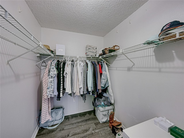 walk in closet with wood finished floors