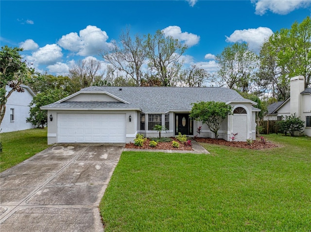 ranch-style home with an attached garage, concrete driveway, roof with shingles, stucco siding, and a front lawn