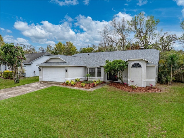 ranch-style house with concrete driveway, stucco siding, an attached garage, and a front yard