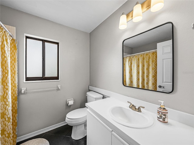 bathroom with tile patterned flooring, toilet, a shower with shower curtain, vanity, and baseboards