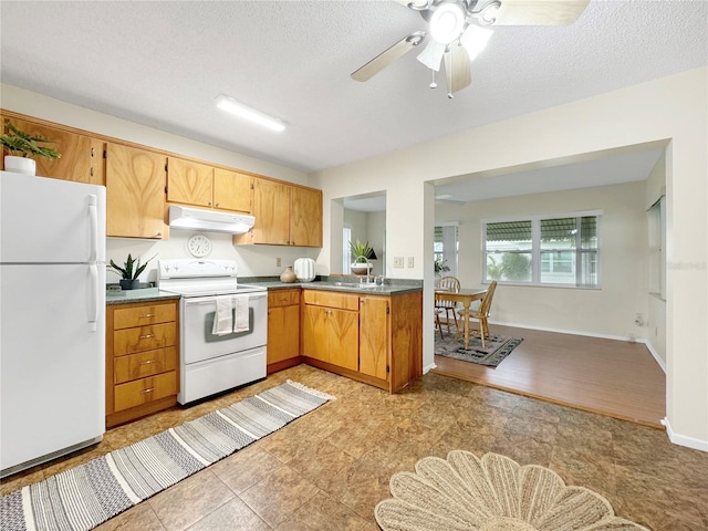 kitchen featuring a textured ceiling, white appliances, baseboards, and under cabinet range hood