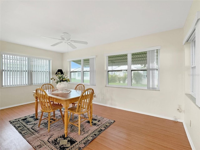 dining room with ceiling fan, baseboards, and wood finished floors