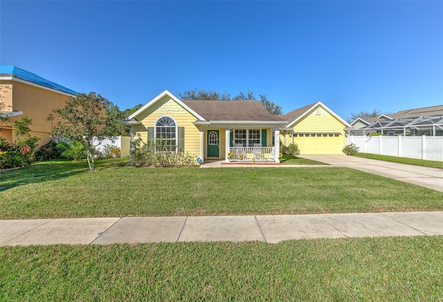 view of front of home featuring a garage, covered porch, and a front lawn