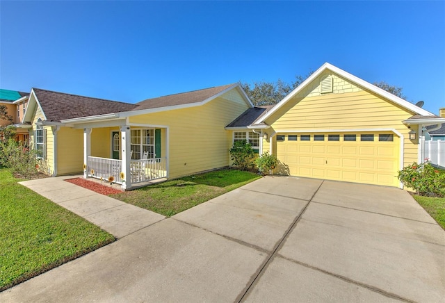 ranch-style home with a garage, a shingled roof, concrete driveway, a porch, and a front yard