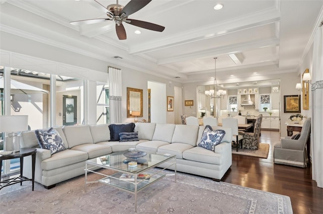 living area with crown molding, beam ceiling, coffered ceiling, and wood finished floors