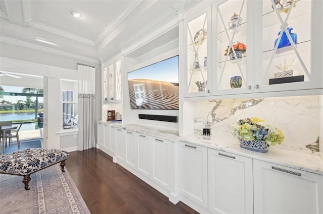 bar with ceiling fan, dark wood-type flooring, a sunroom, ornamental molding, and tasteful backsplash