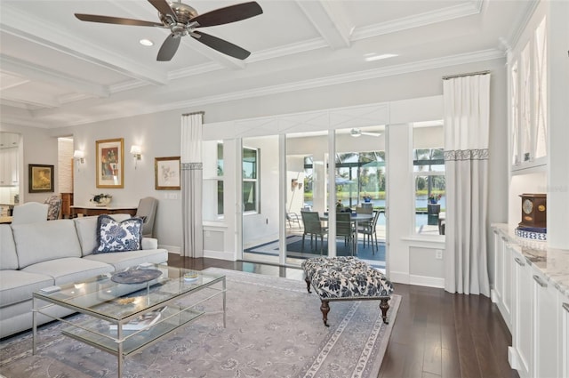 living area featuring ornamental molding, dark wood-style flooring, beamed ceiling, and baseboards