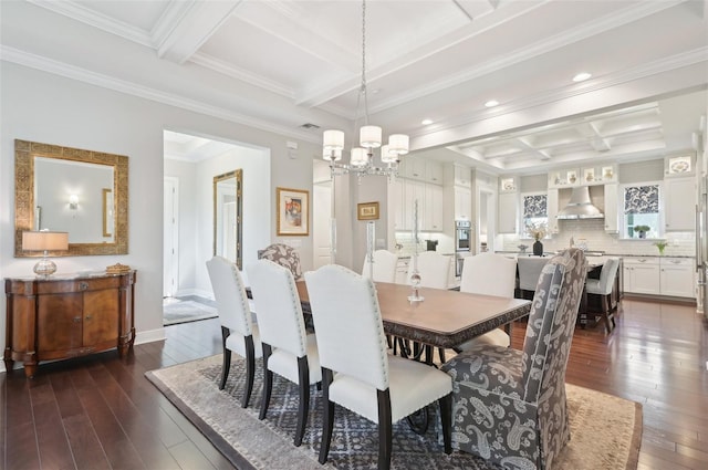 dining space with coffered ceiling, dark wood finished floors, a notable chandelier, and beamed ceiling