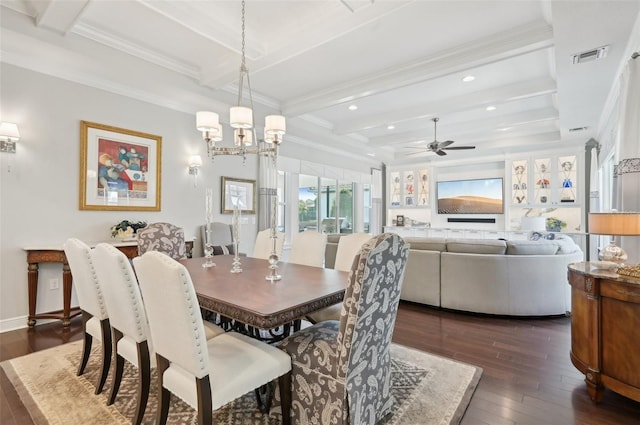 dining room featuring recessed lighting, ceiling fan with notable chandelier, dark wood-style floors, beamed ceiling, and crown molding