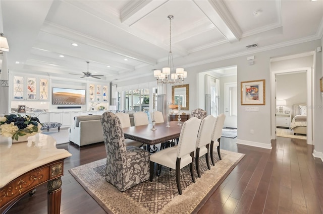 dining area featuring dark wood-type flooring, beam ceiling, and visible vents