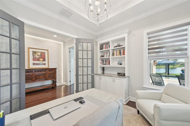 bedroom featuring baseboards, ornamental molding, a chandelier, and dark wood-style flooring