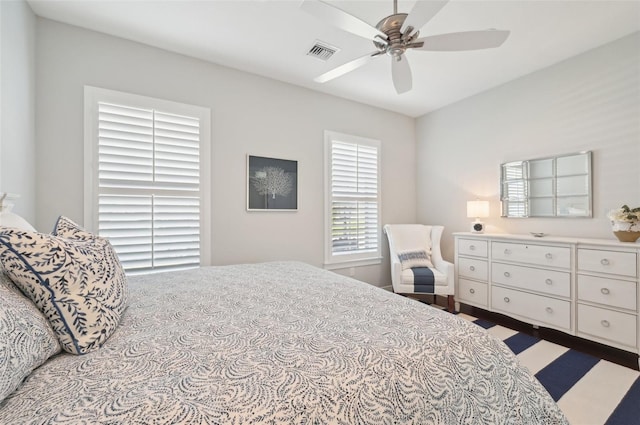 bedroom with visible vents and a ceiling fan