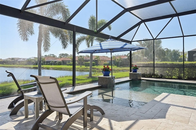 pool featuring a water view, a patio area, and glass enclosure