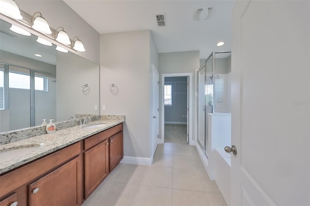 full bath with a stall shower, plenty of natural light, a sink, and visible vents