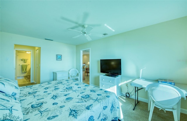 bedroom featuring visible vents, ceiling fan, and baseboards