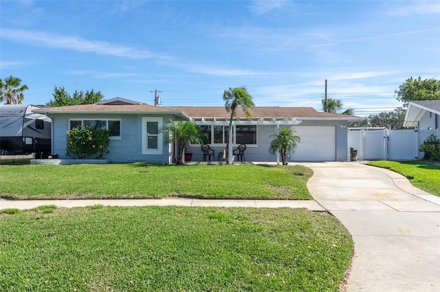 single story home featuring a garage, concrete driveway, a front lawn, and a gate