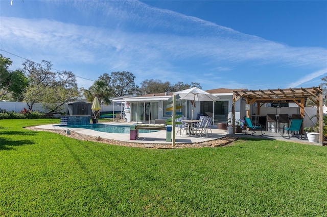 back of property featuring a patio, fence, a lawn, a fenced in pool, and a pergola