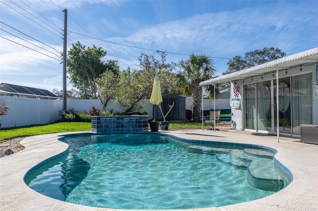 view of swimming pool featuring central air condition unit, a patio area, a fenced backyard, and a fenced in pool