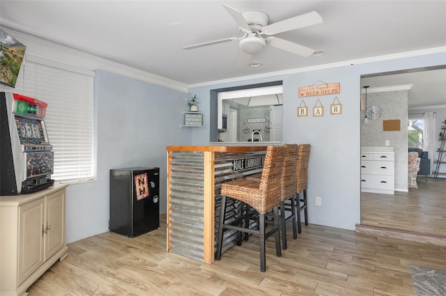 bar with light wood finished floors, ceiling fan, crown molding, a bar, and a sink