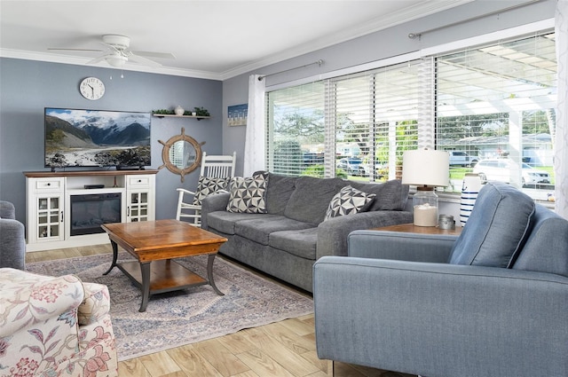 living room featuring ceiling fan, a glass covered fireplace, crown molding, and wood finished floors