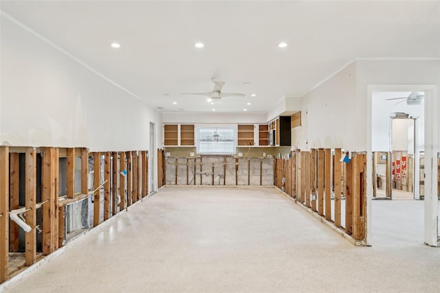 spare room with recessed lighting, ceiling fan, and crown molding