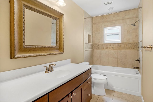 full bathroom featuring shower / bathtub combination, visible vents, toilet, vanity, and tile patterned floors