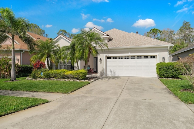 view of front of property featuring stucco siding, a front lawn, concrete driveway, and an attached garage