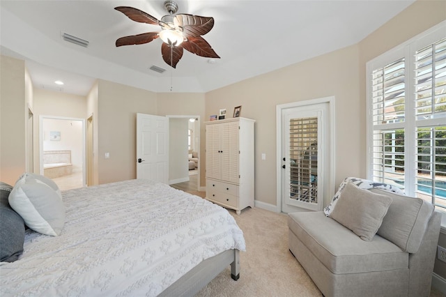 bedroom with visible vents, baseboards, light colored carpet, and access to exterior