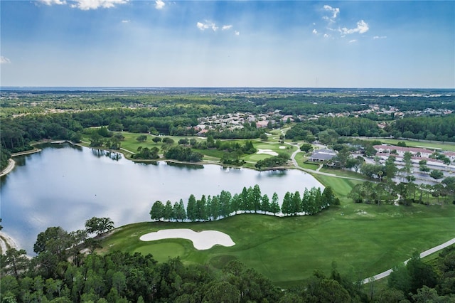 bird's eye view featuring golf course view and a water view