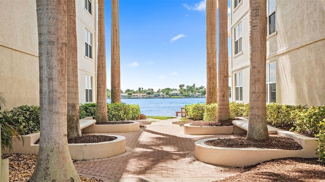 view of patio / terrace featuring a water view